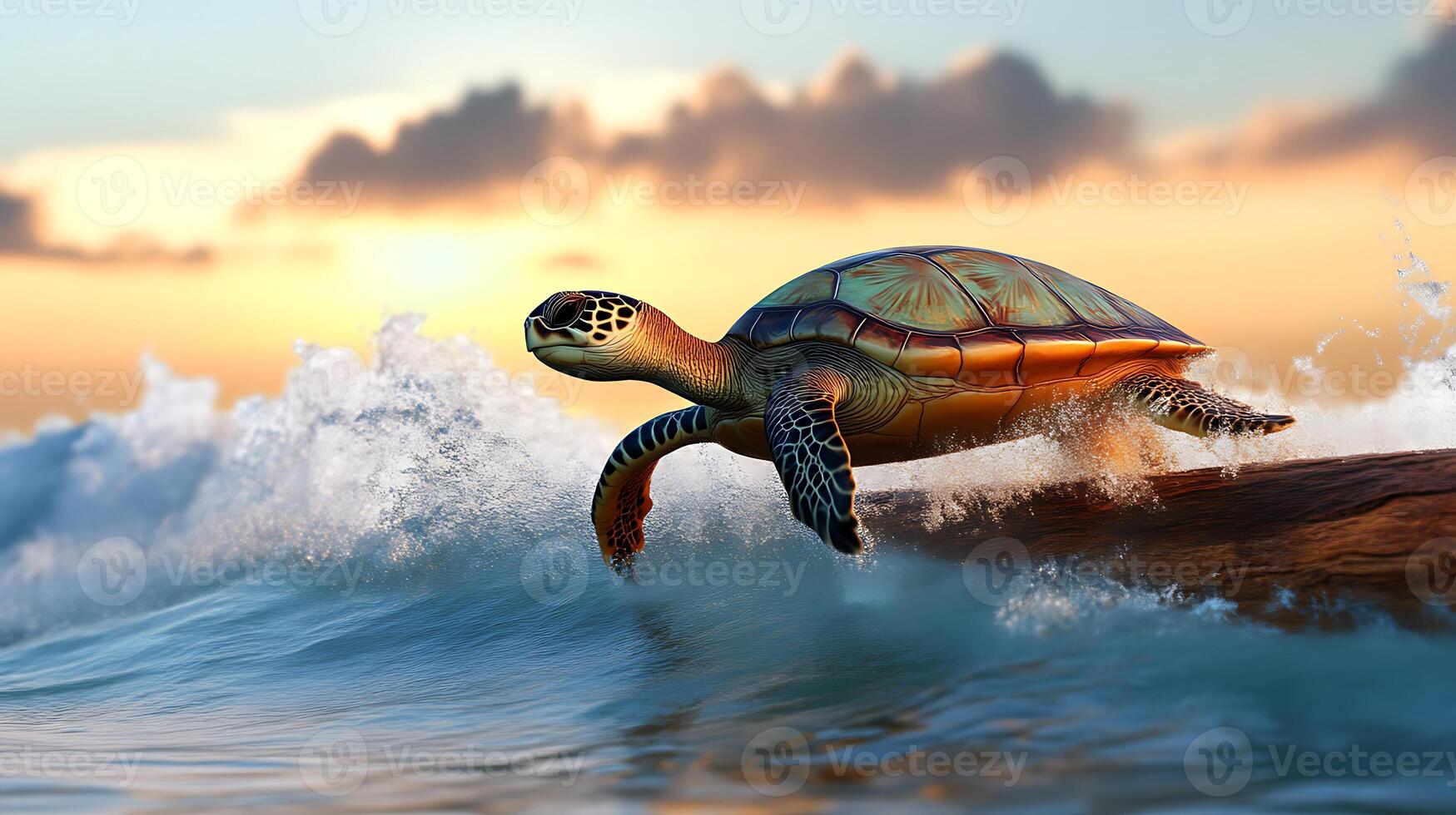 A turtle surfing on a log vibrant photo