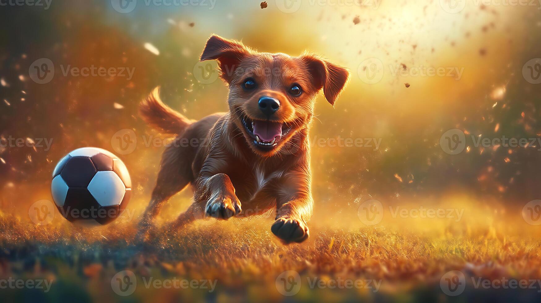 A dog playing football on a grass field in the evening photo