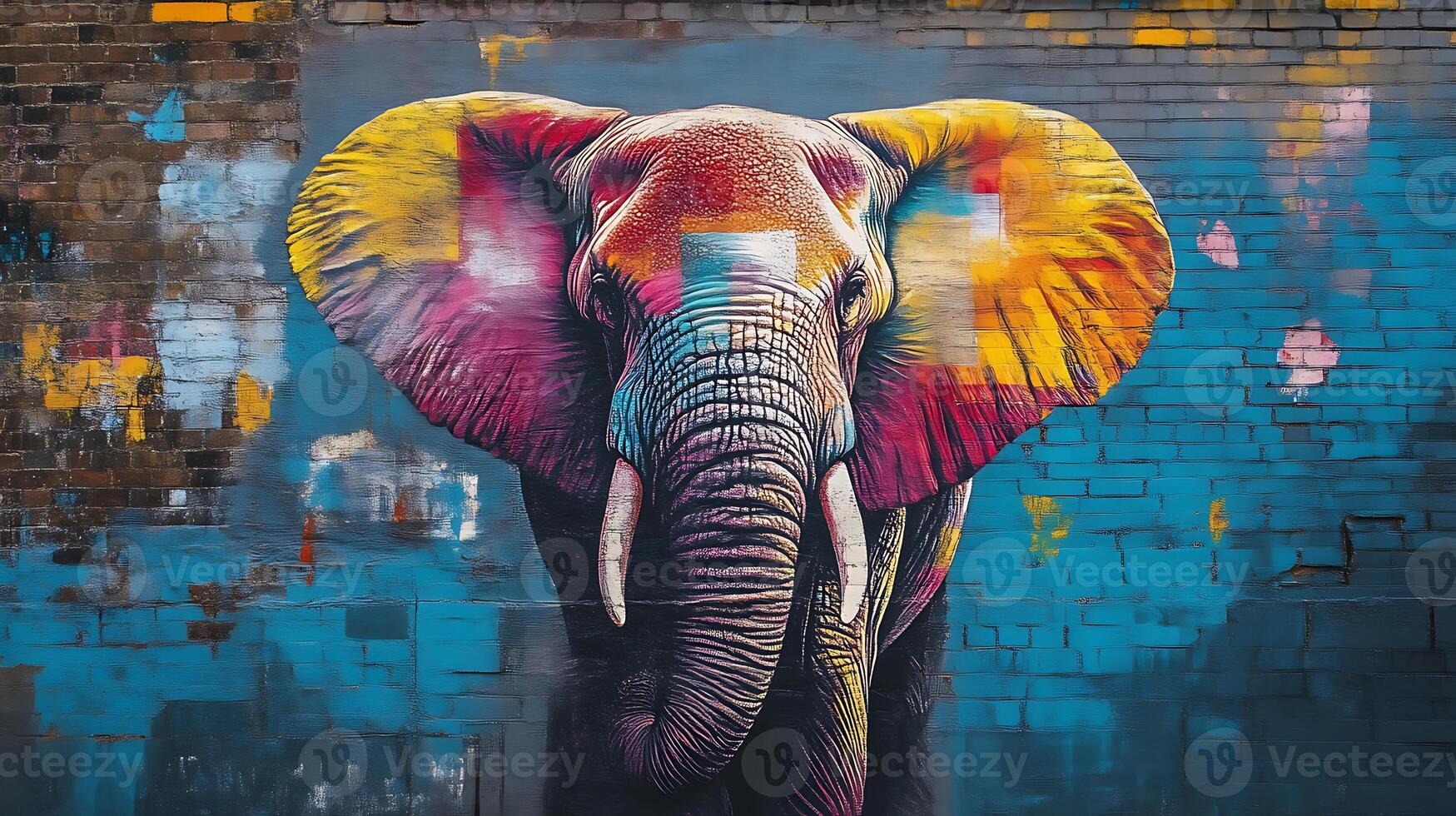 An elephant art watercolor painting, vibrant on the old wall for good background photo