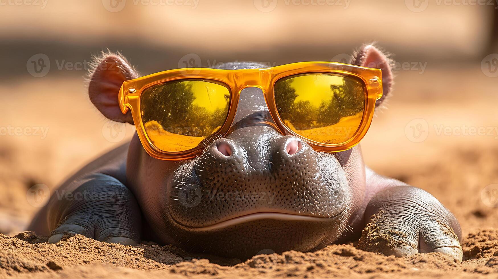 A cute baby hippo wearing sunglasses vibrant on a sleepy beach photo