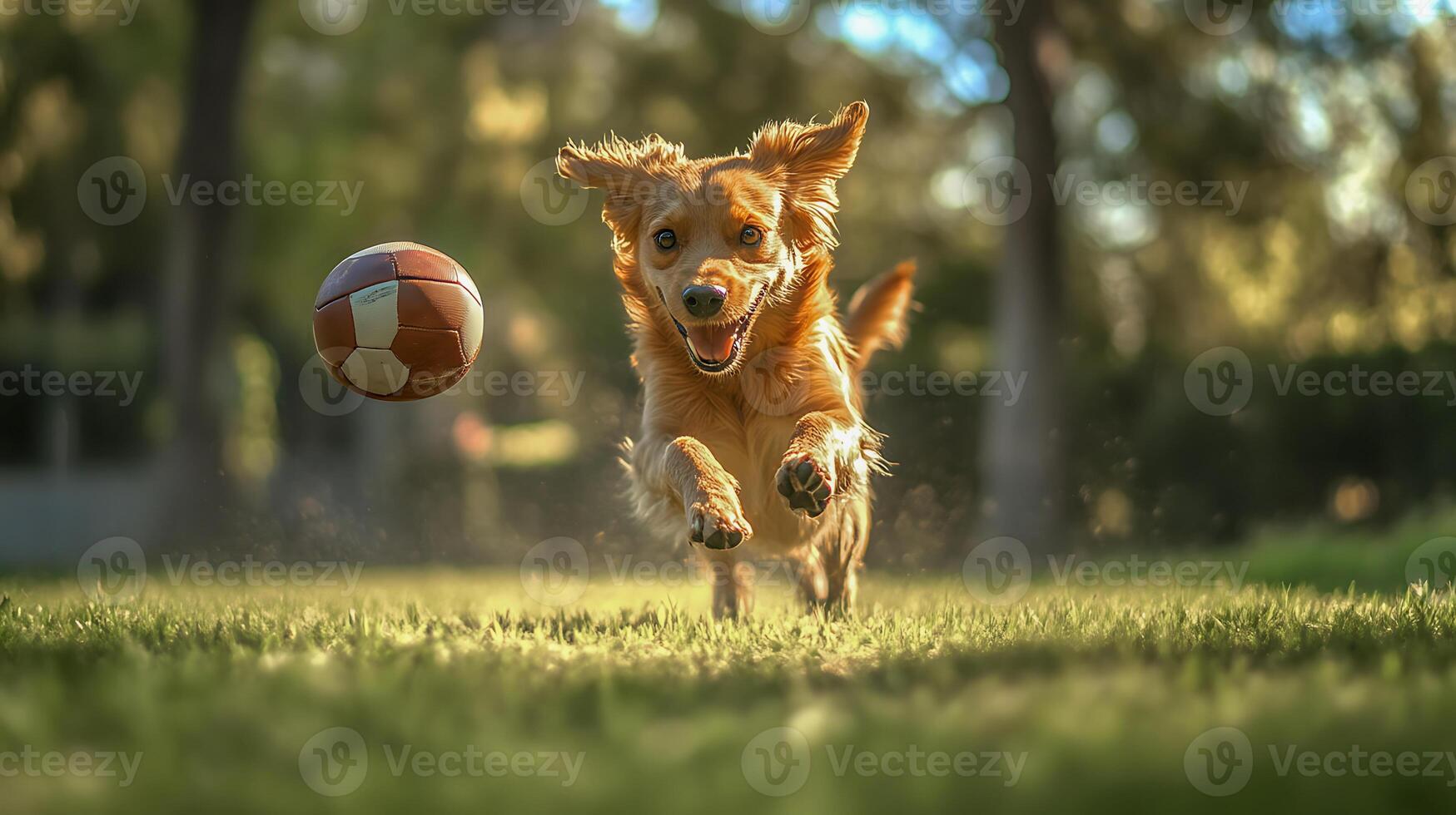 A dog playing football on a grass field in the evening photo