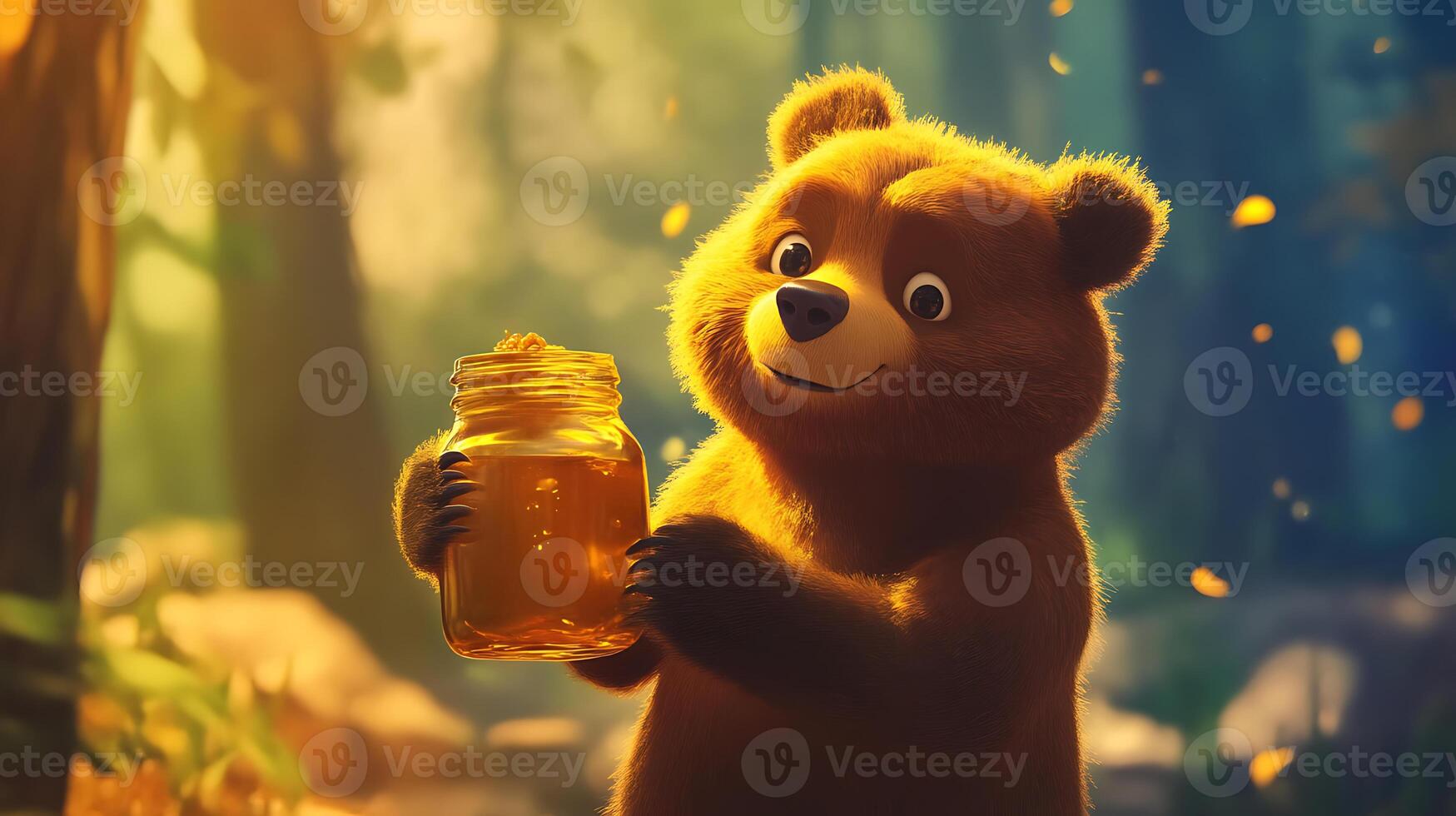 The bear cartoon holds a jar of honey and looks happy in image's vintage style photo