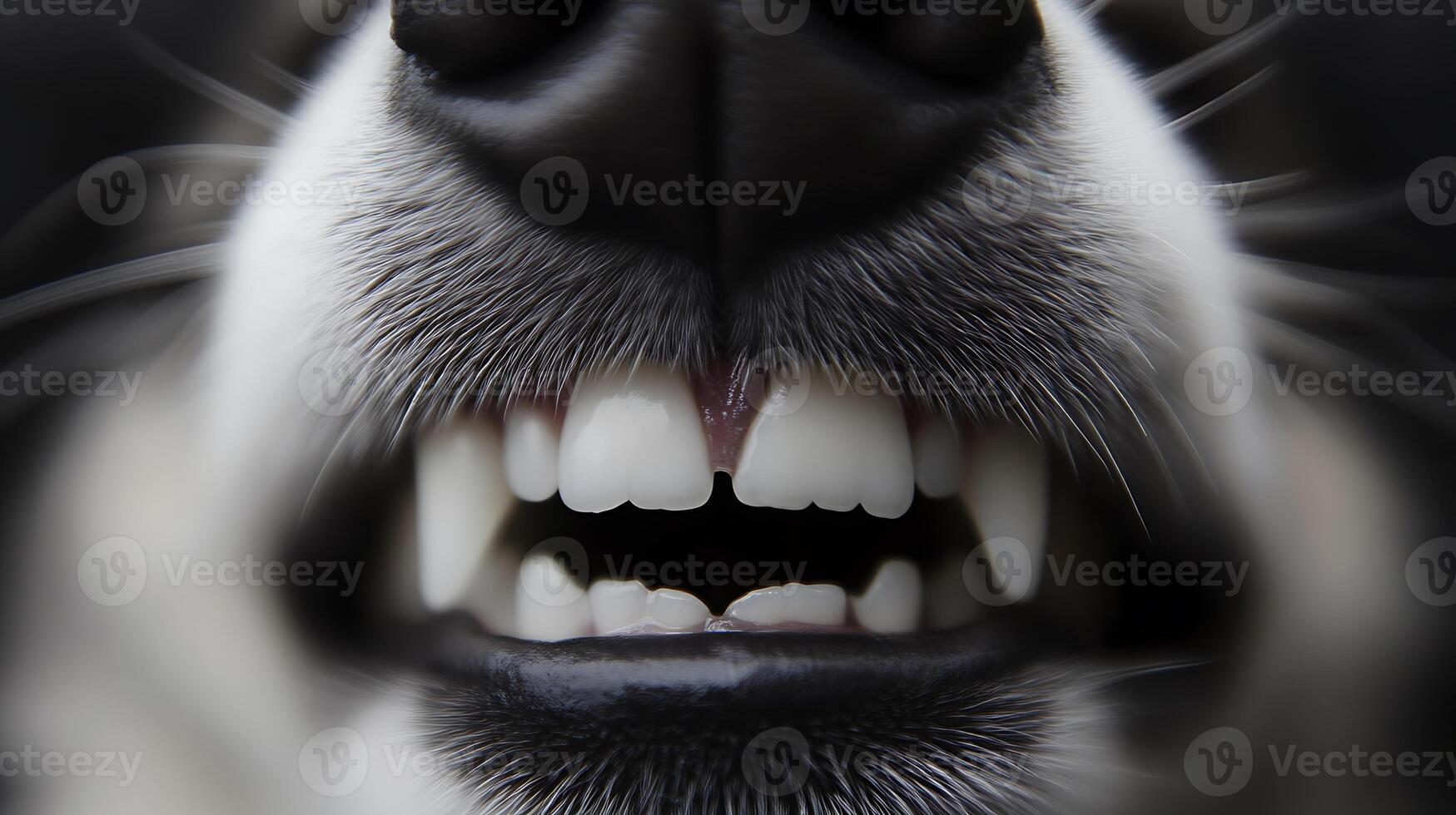 A dramatic, close-up shot of a dog's teeth bared in a playful, fierce, or protective growl photo