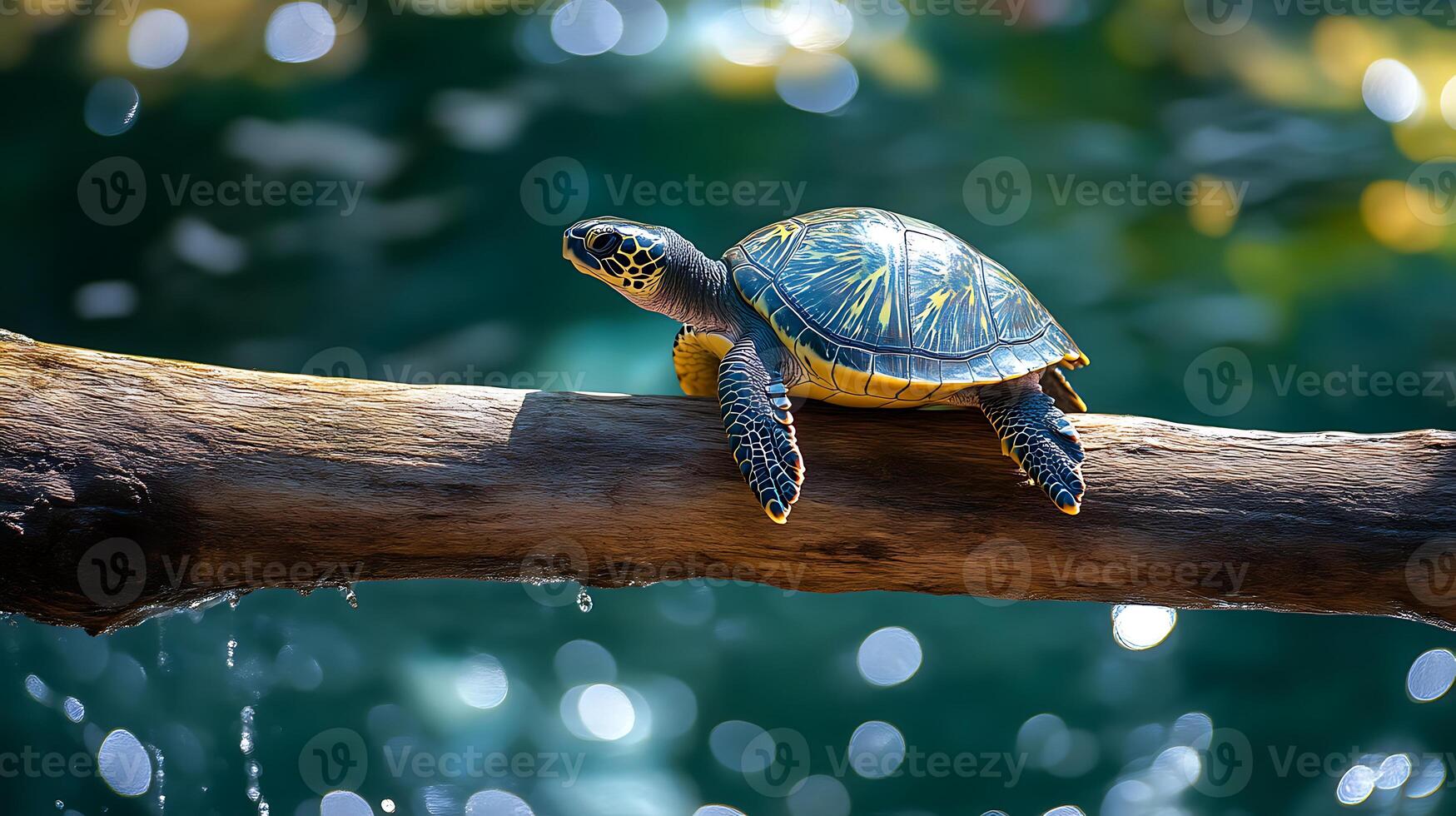 A baby turtle is sunbathing on a log above the water. photo