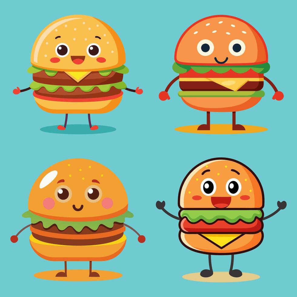 cartoon burger illustration set of tshirt vector