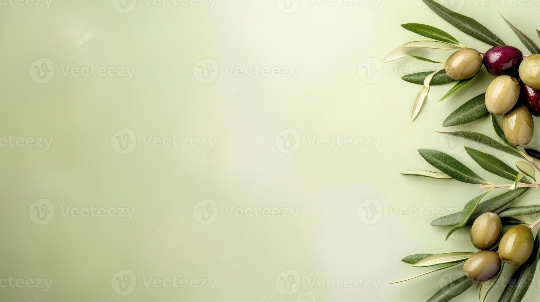 Ripe olives on branch with leaves against green background with copy space. photo