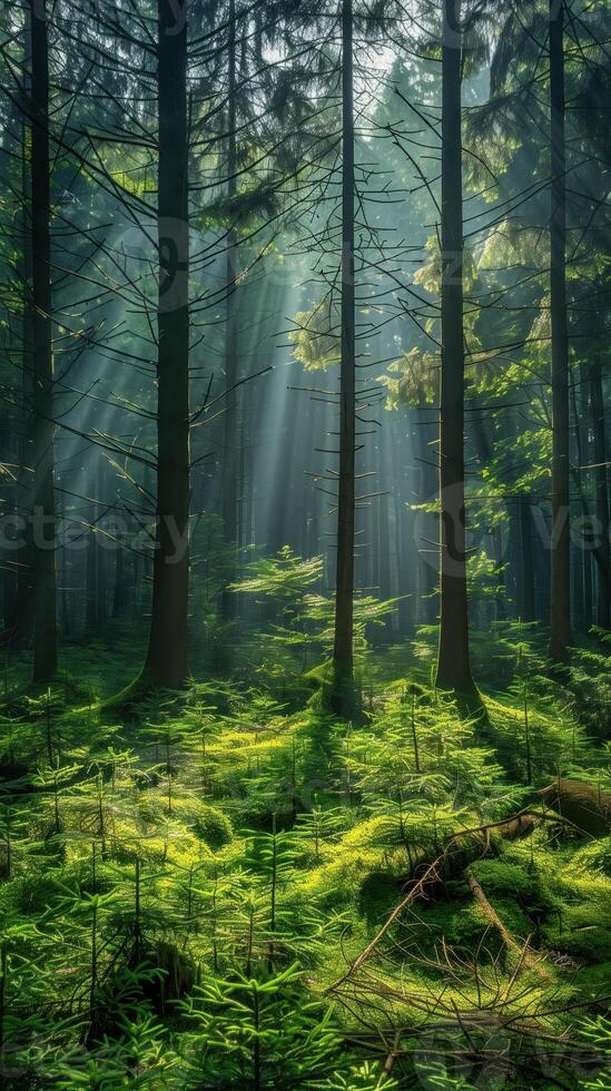 Sunlight illuminates dense pine forest with serene atmosphere. photo