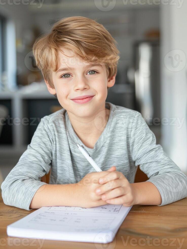 Portrait of a smiling boy doing homework at a table. photo