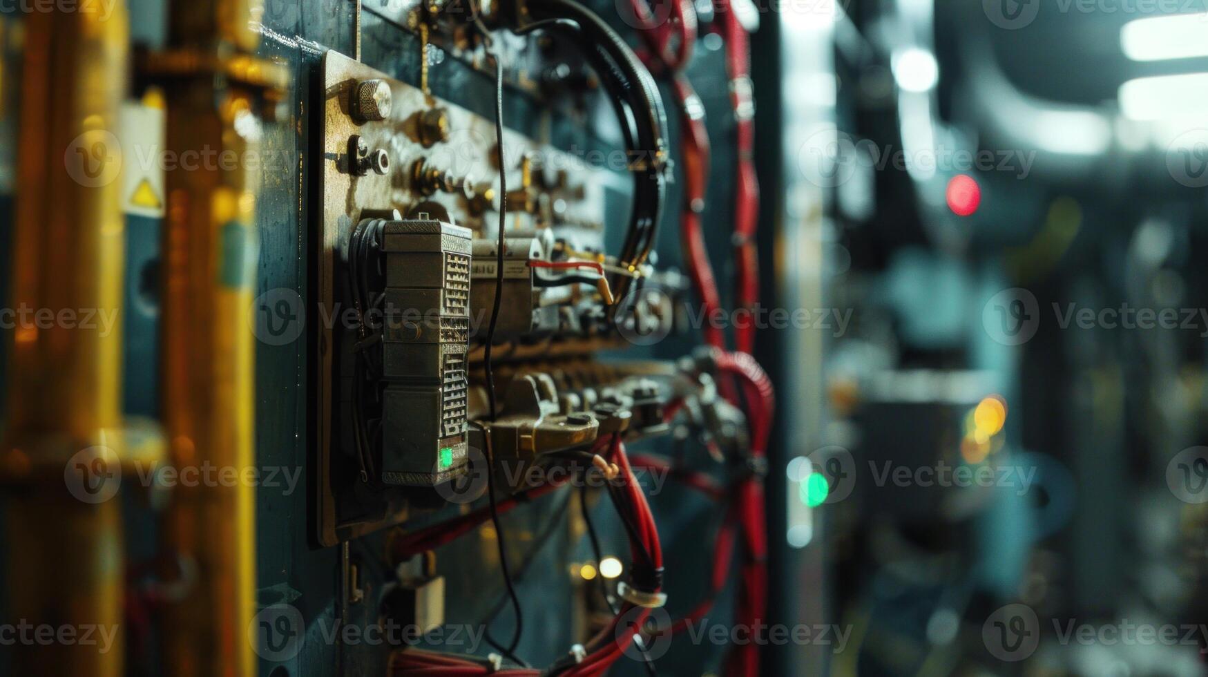 Engine room panel opened for maintenance inspection. Technical training or safety protocols. photo