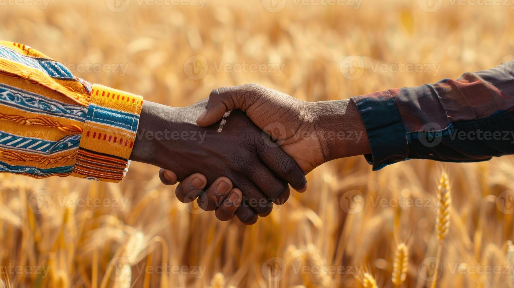 Firm handshake between two individuals in a field. photo