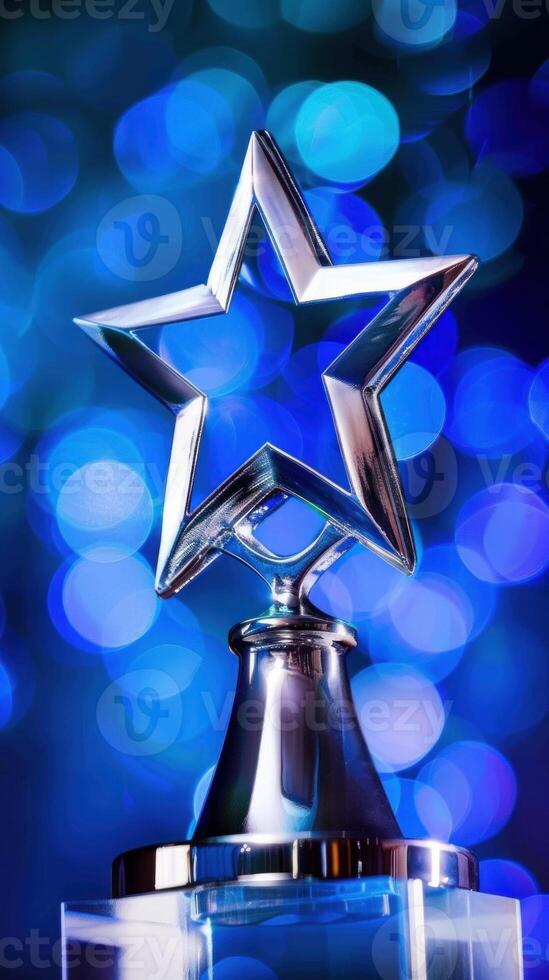 Close-up of a trophy with shining stars background. Celebrating achievements and success. photo