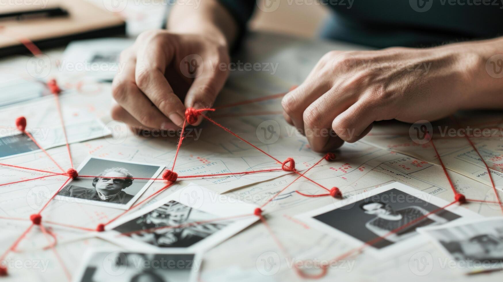 Investigative professional analyzing a detailed evidence board. Crime fiction and investigative journalism projects. photo