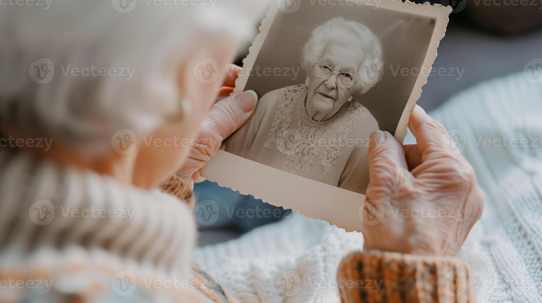 Elderly woman reflects on memories with vintage photograph. Themes of nostalgia and memory. photo