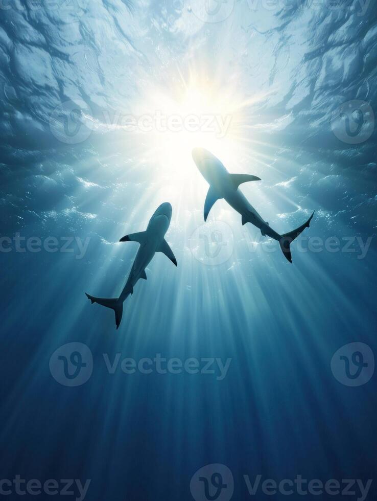 Silhouettes of blue sharks glide beneath the ocean surface. photo