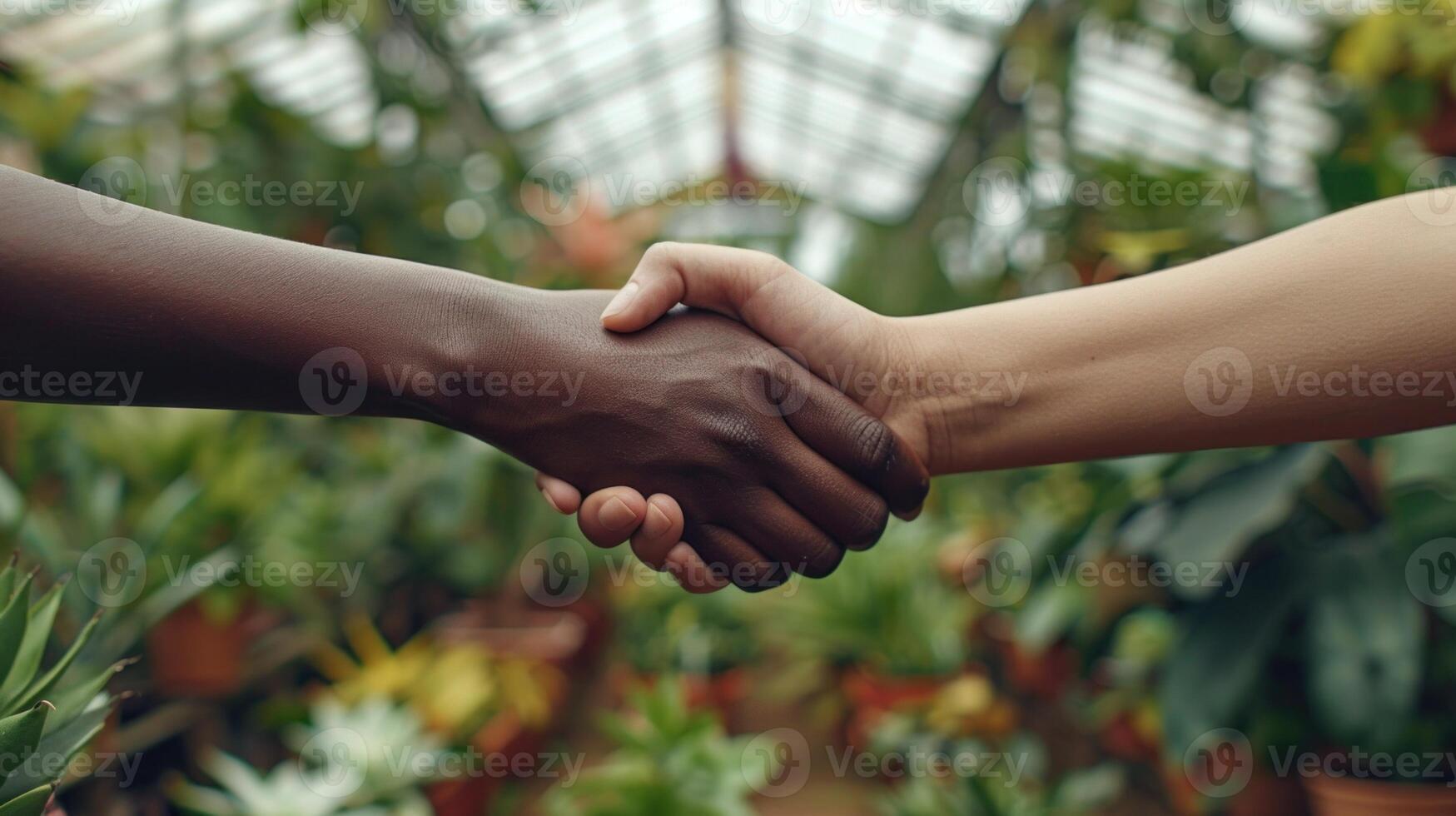 Handshake among greenhouse greenery represents unity and growth. photo