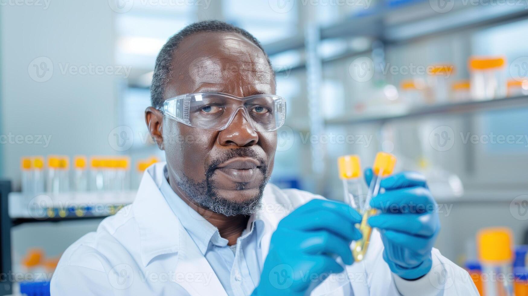 Close-up of male lab technician analyzing samples in a lab setting. photo