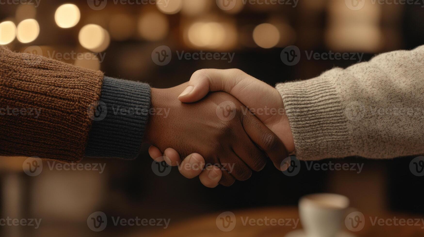 A detailed shot of a dark skin handshake in a casual setting, with a coffee shop or cafe softly blurred behind. photo
