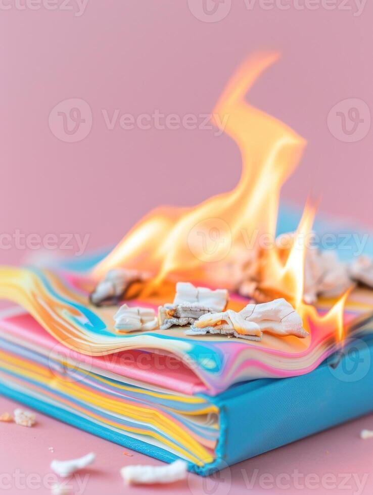 Vibrant notebook ablaze in a transformative blaze display. photo