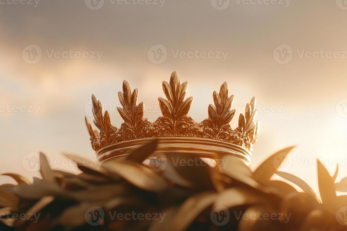 Crown on laurel wreath signifying victory and honor. Themes of triumph or heraldic design concepts. photo