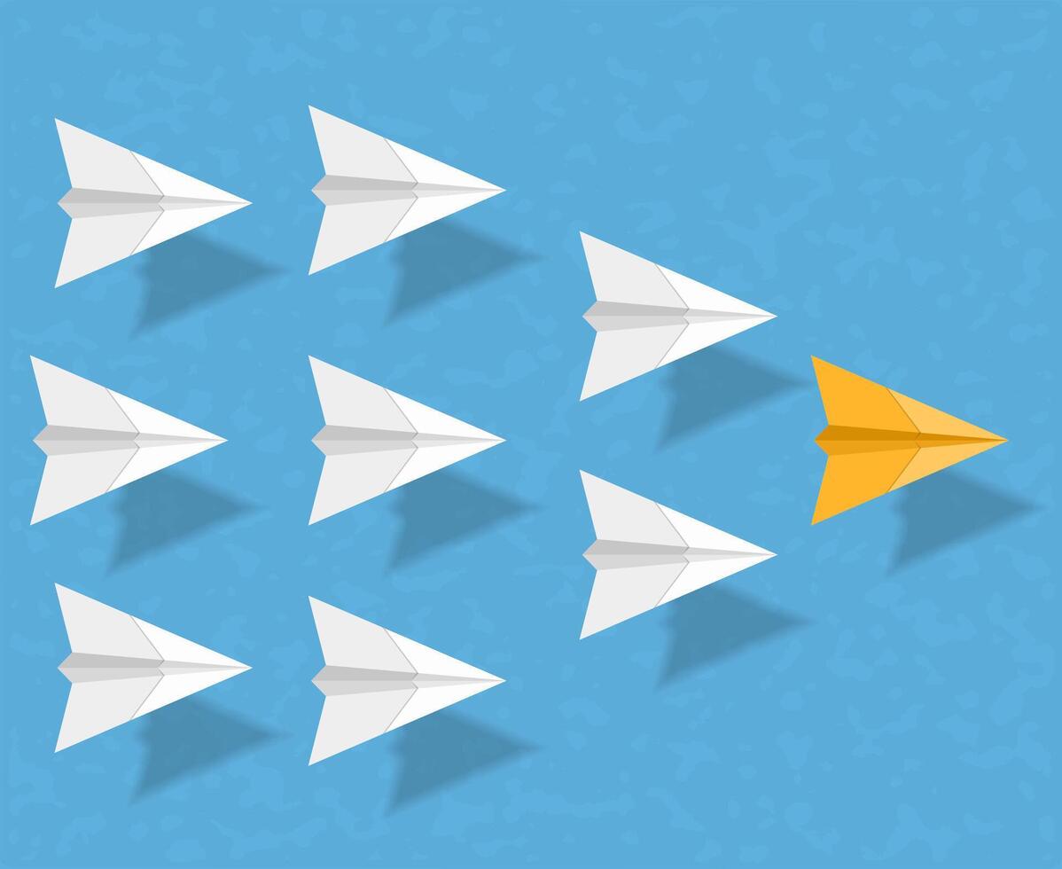 Yellow paper airplane as a leader among white airplanes, leadership, teamwork, motivation, stand out of the crowd concept vector