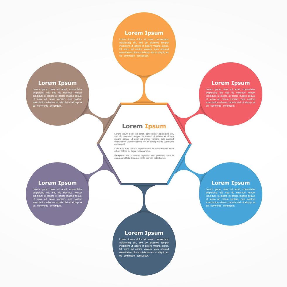 Circle diagram with six elements with icons and text, flow chart template, business infographics vector