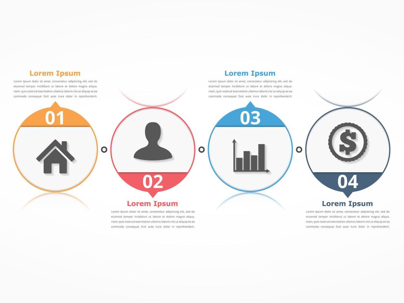 Process diagram template with circles, flowchart or workflow with four elements, steps or options, business infographics vector