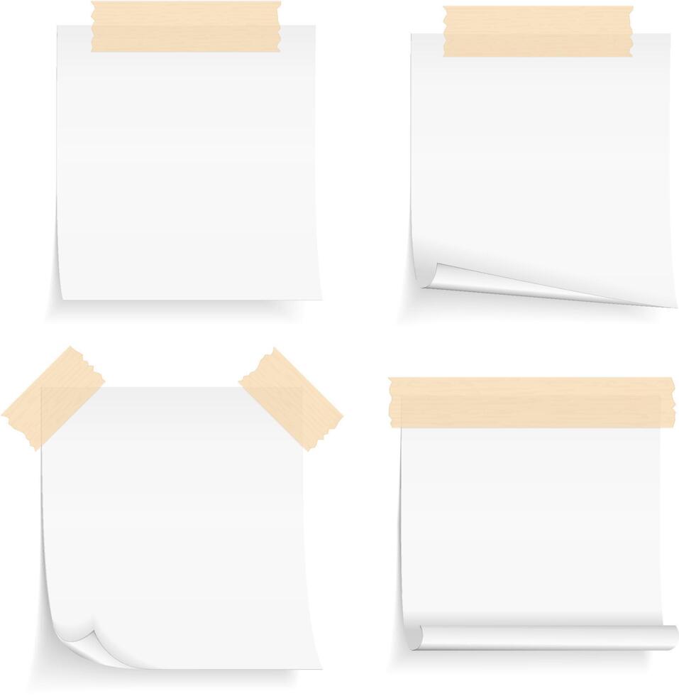 Paper notes with tape, four blank paper sheets attached by tape vector