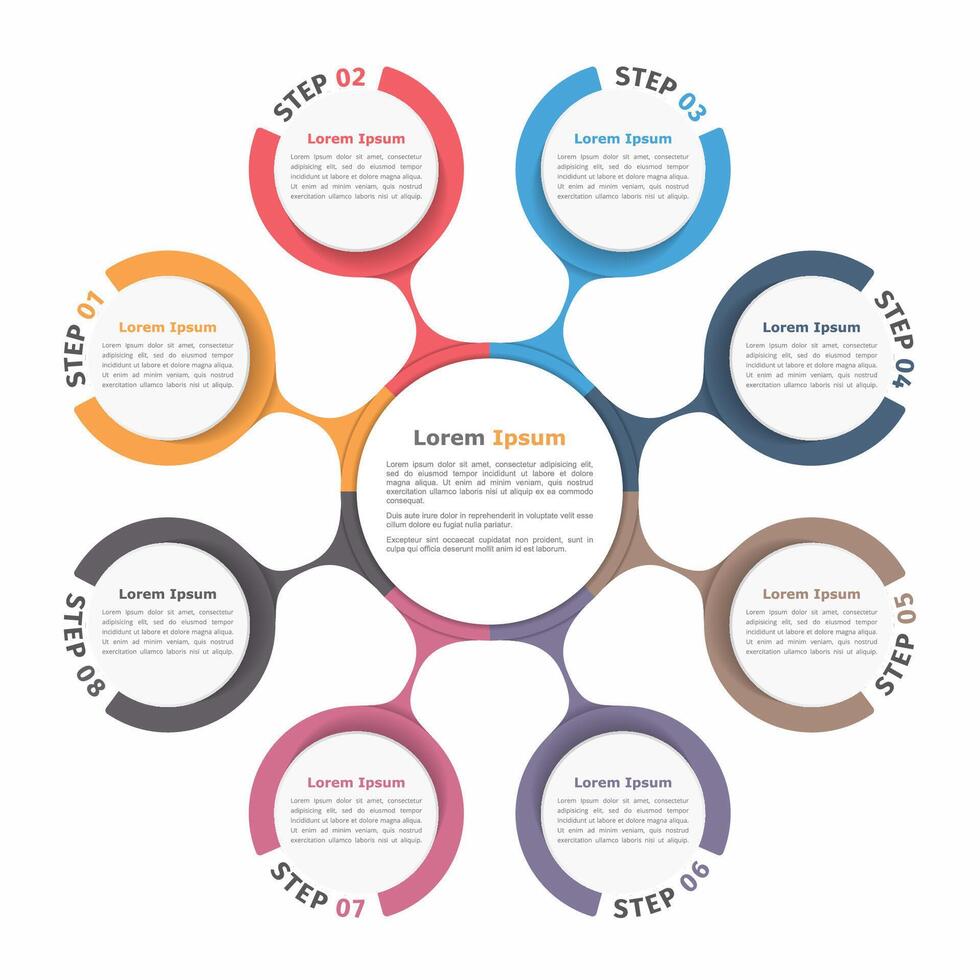 Circle diagram with eight elements, steps or options, flowchart or workflow diagram template vector