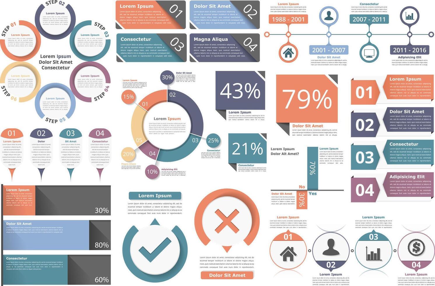 Infographic objects for presentation, reports, workflow - circle diagram, bar graph, pie chart, process diagram, timeline, objects with percents and text, business infographic elements vector