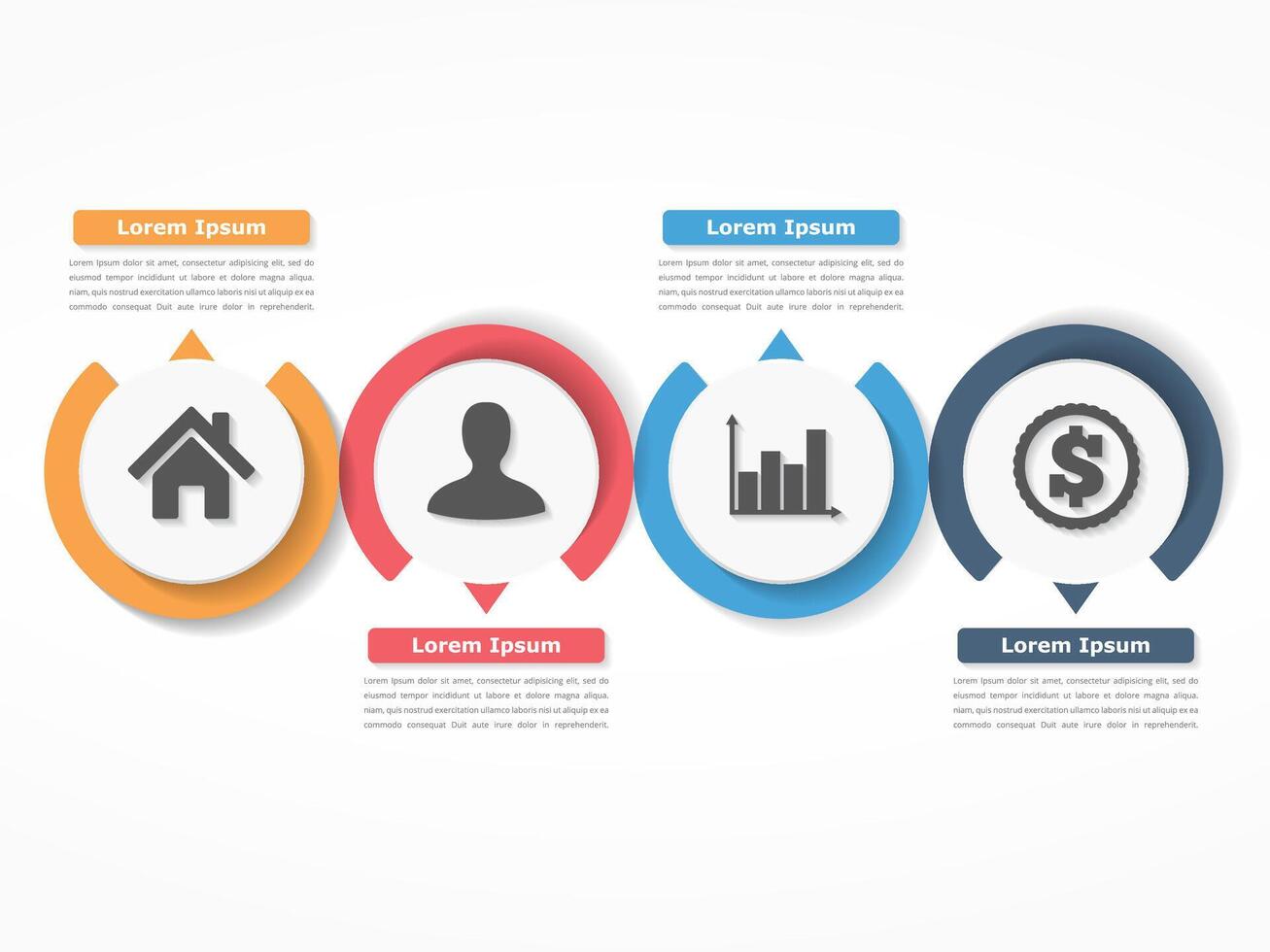 Process chart template with circles, flowchart or workflow with four elements, steps or options, business infographics vector