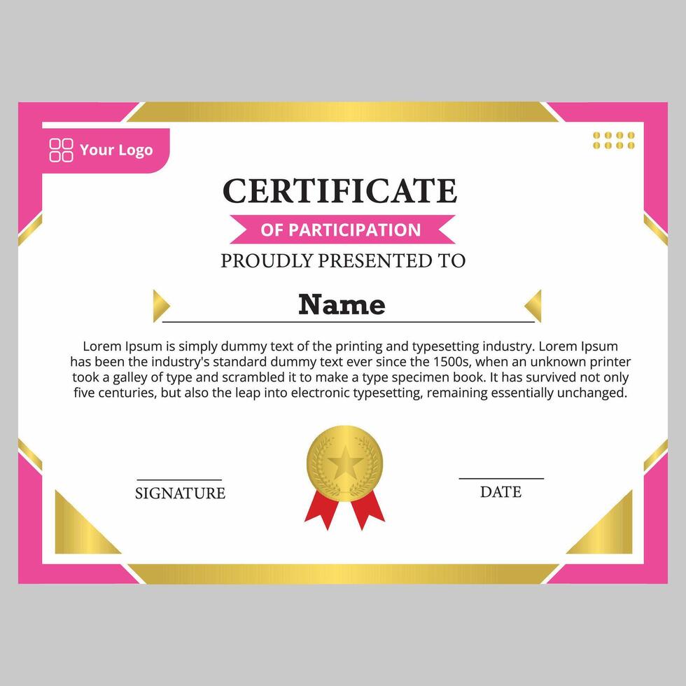 certificate template with elegant frame in gold and pink vector