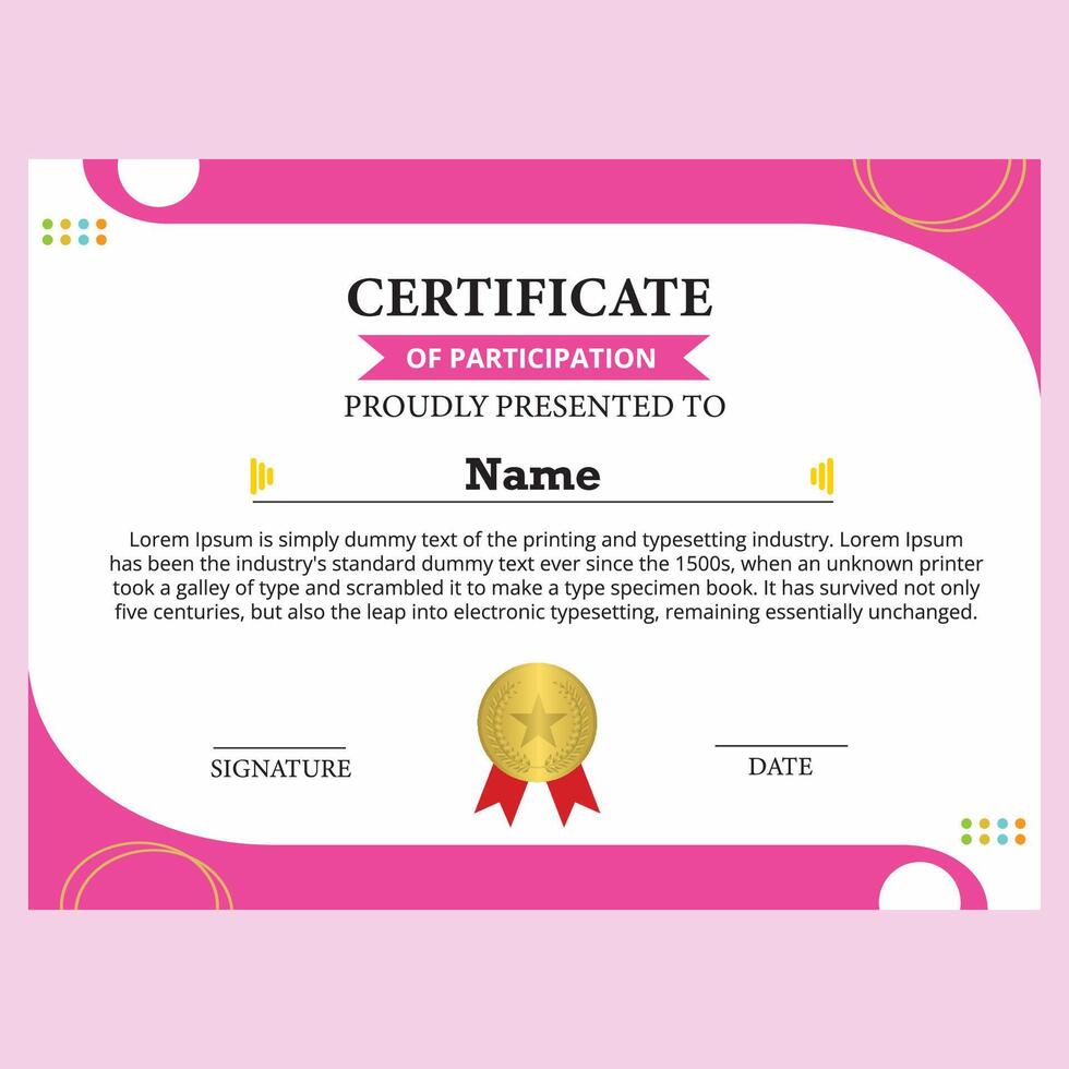 participation certificate template with elegant and modern pink frame vector