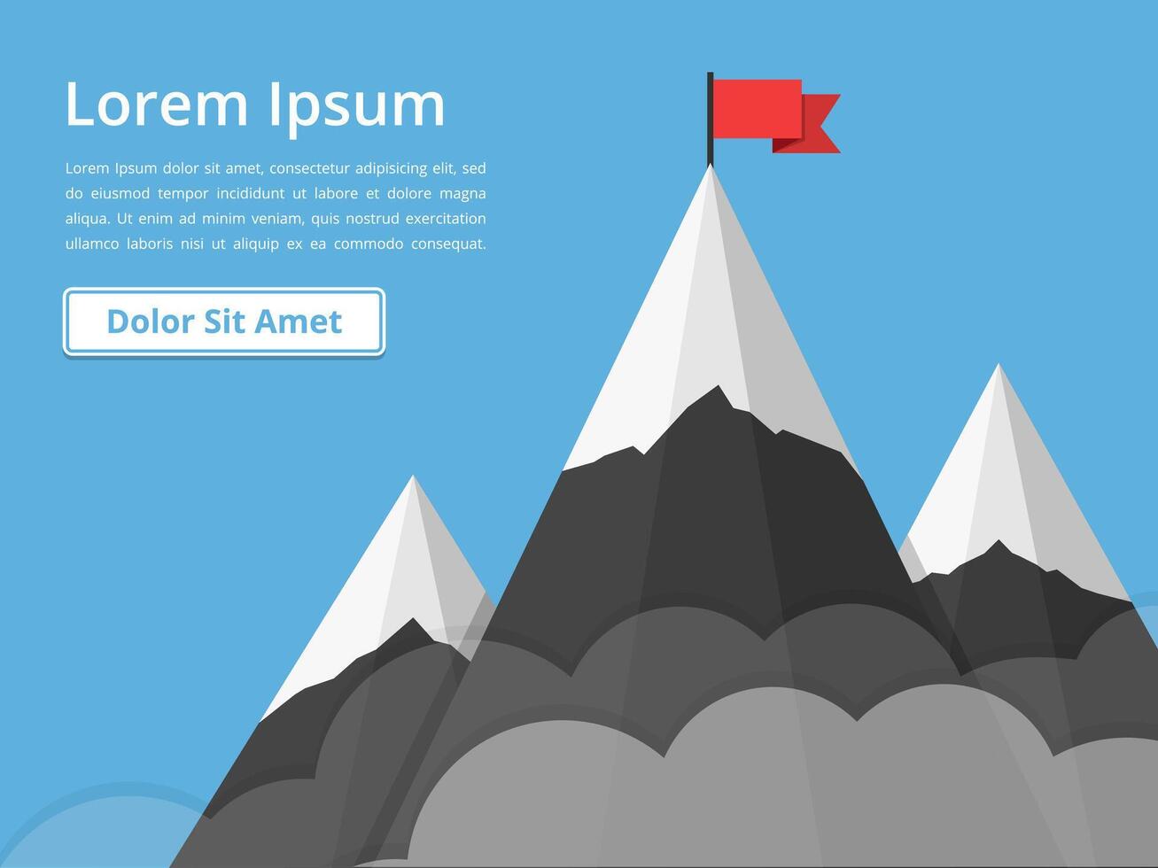Mountains with flag on background of blue sky with clouds, success or mission concept vector