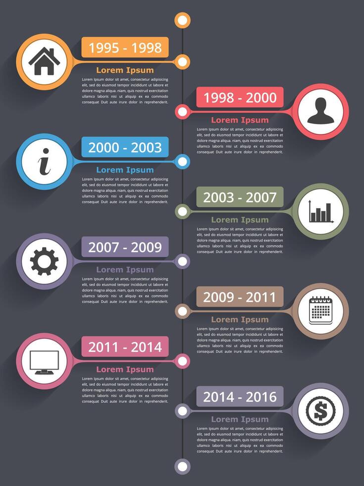Vertical timeline with place for icons dates and text, timeline infographics template, icons and text vector