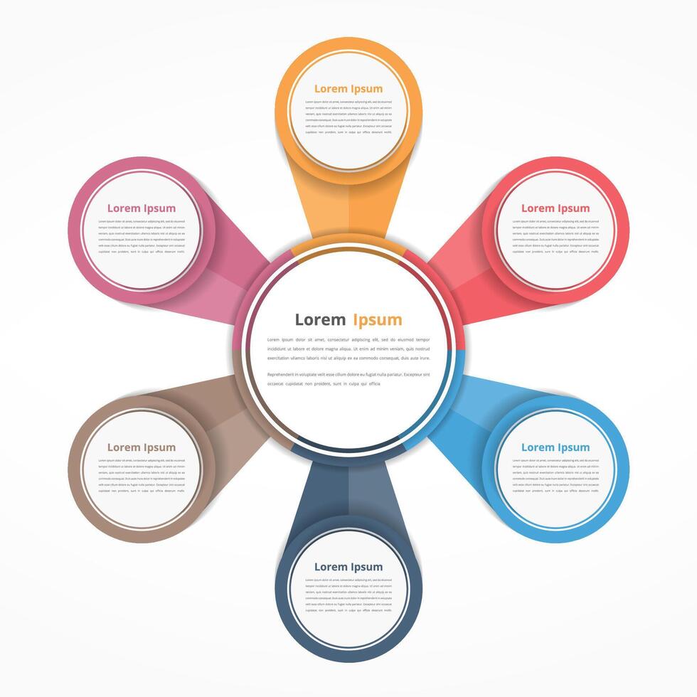 Circle diagram with six elements, steps or options, flowchart or workflow diagram template vector