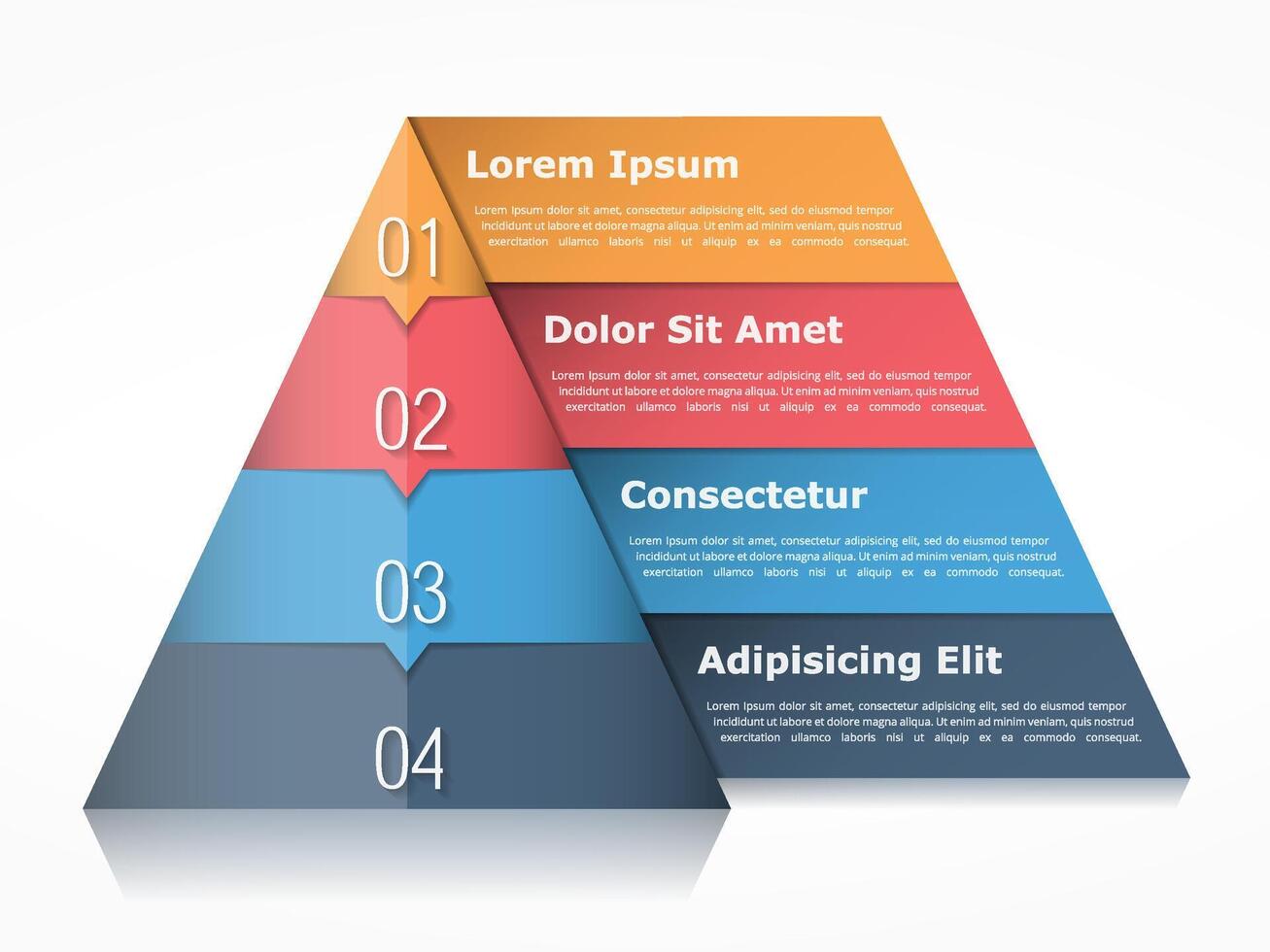 Pyramid chart with four elements with numbers and text, pyramid infographic template vector