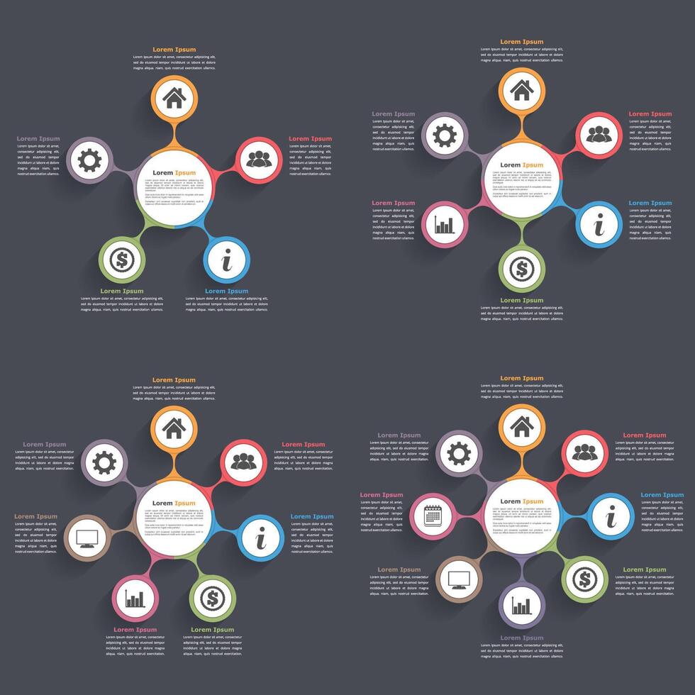 Circle diagram infographics with five, six, seven and eight elements with icons and text, circle flow chart template, business infographics, flat diagram template vector