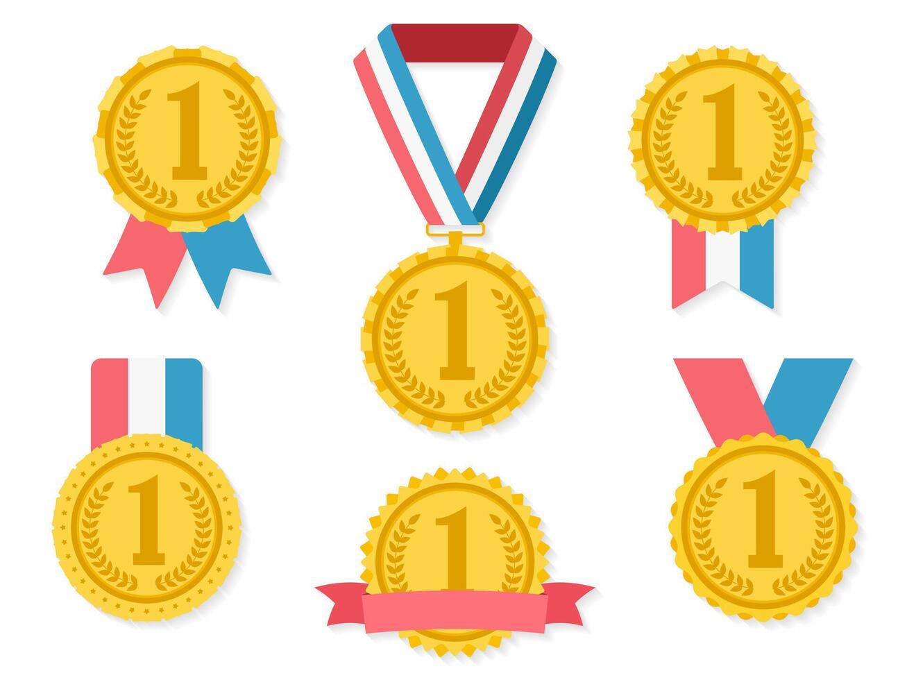 Golden medals with ribbons, first place award, flat design vector
