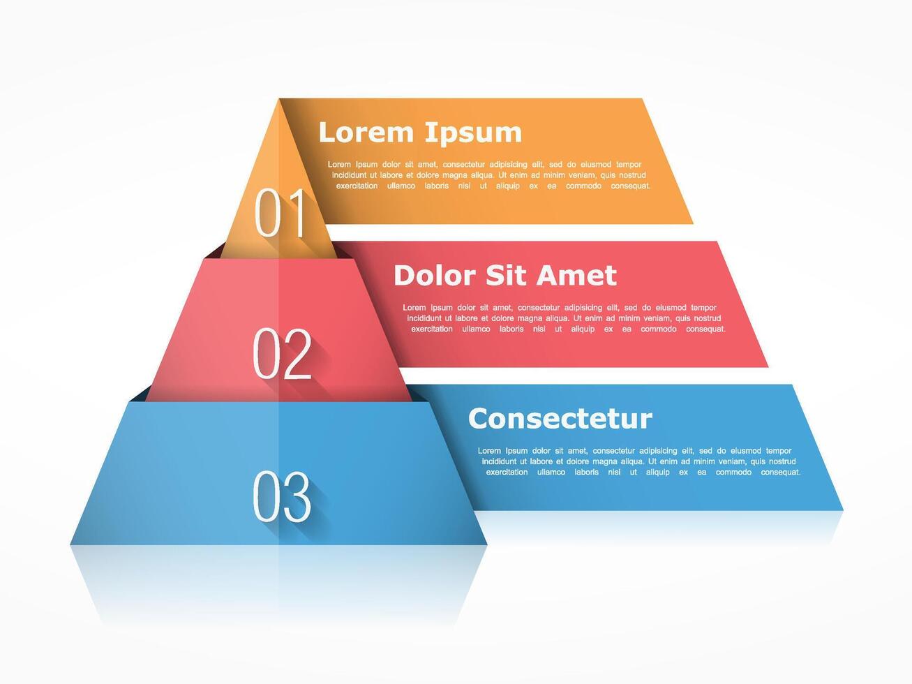 Pyramid chart with three elements with numbers and text, pyramid infographic template, pyramid diagram for presentations vector