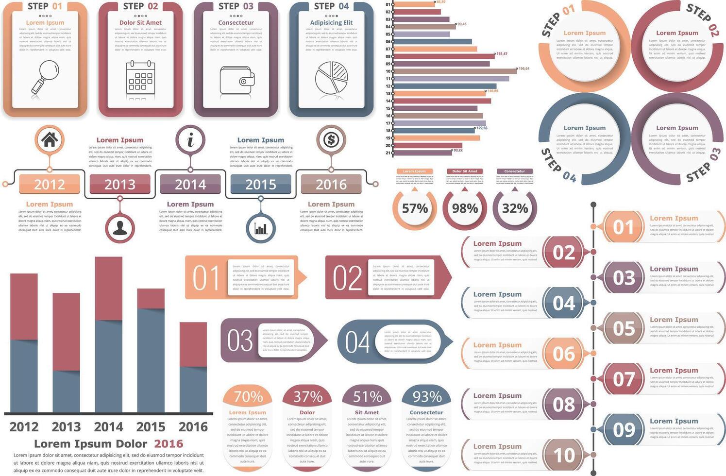 Infographic elements - objects with numbers and text, bar graphs, circle diagram, timeline, objects with percents and text, process diagram vector