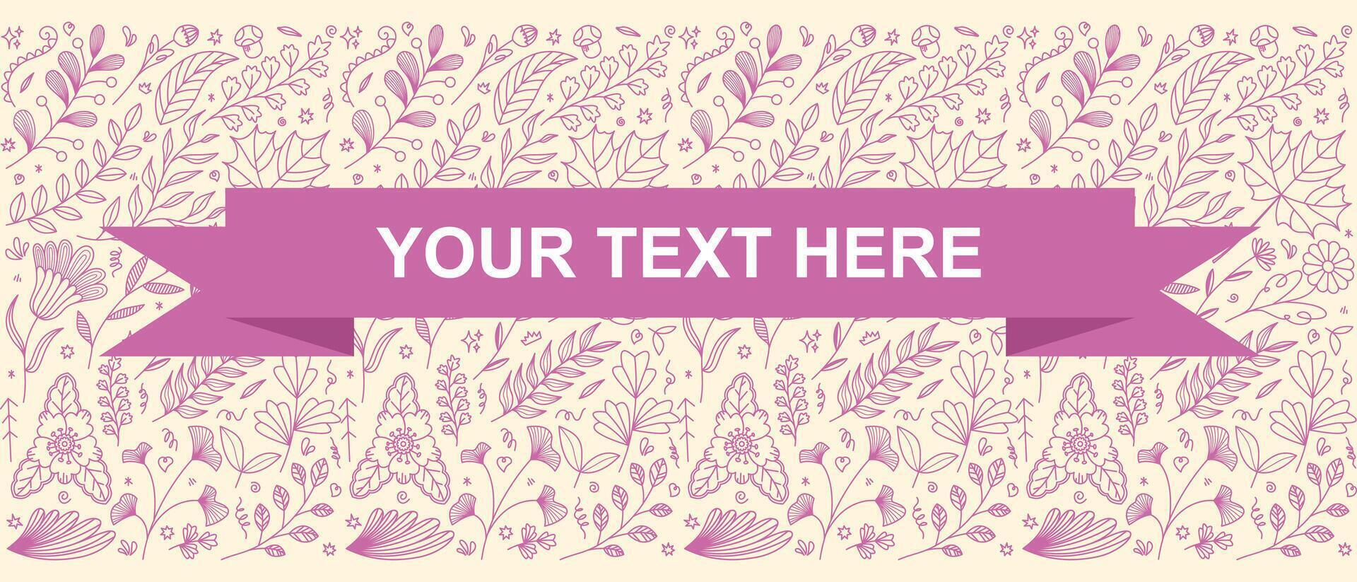 A horizontal banner design with a cream background featuring a delicate pattern of pink floral and botanical illustrations. vector