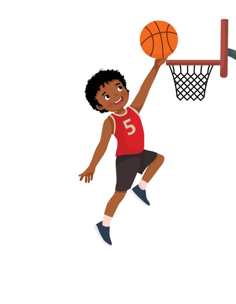 Cute little African boy jumping scoring a layup at basketball game vector