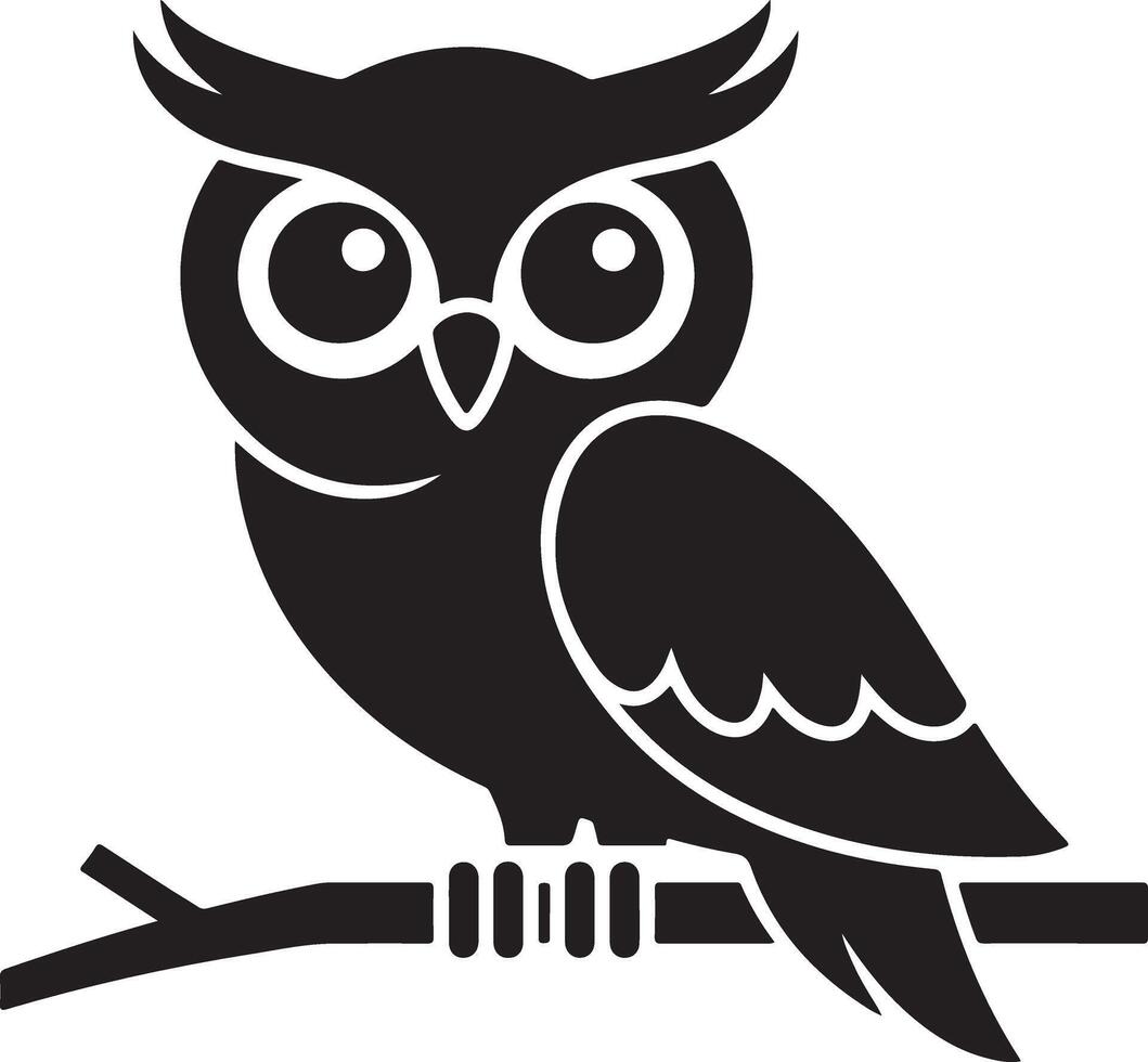 An illustration of a black owl icon sitting on a branch vector