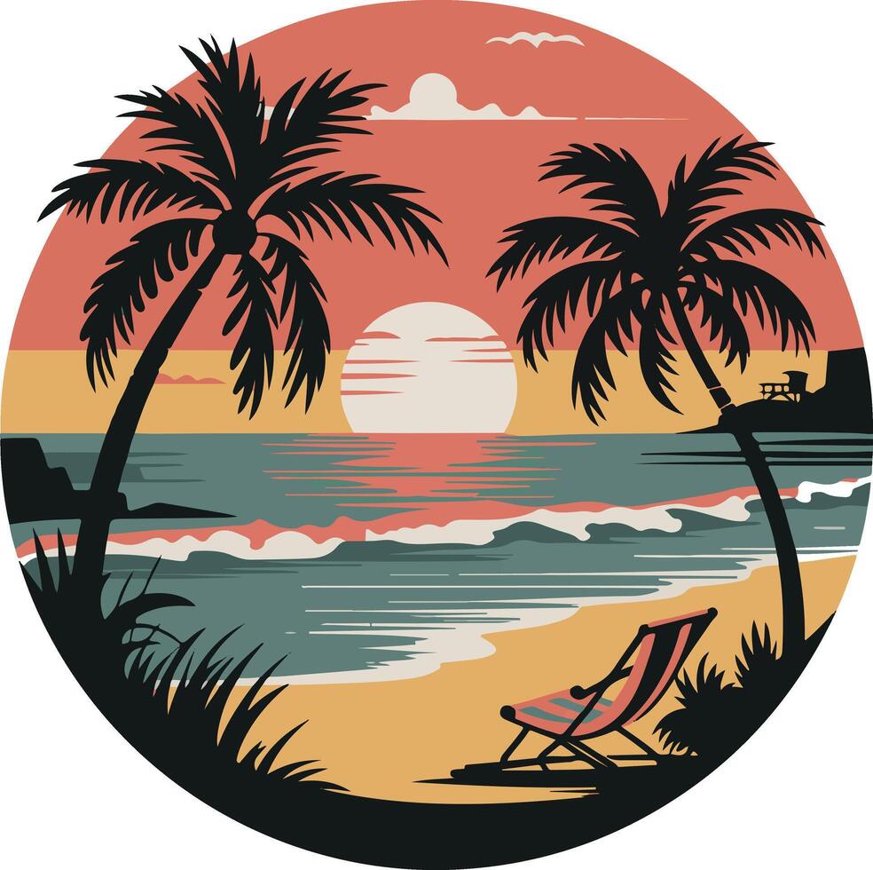 A vintage beach scene with a sunset in the background vector