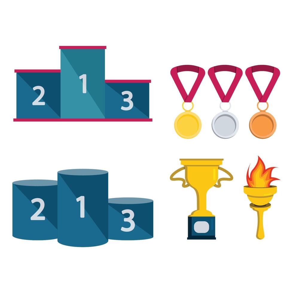illustration of a set of sports elements for competitions - a torch, a cup, medals, pedestals. vector