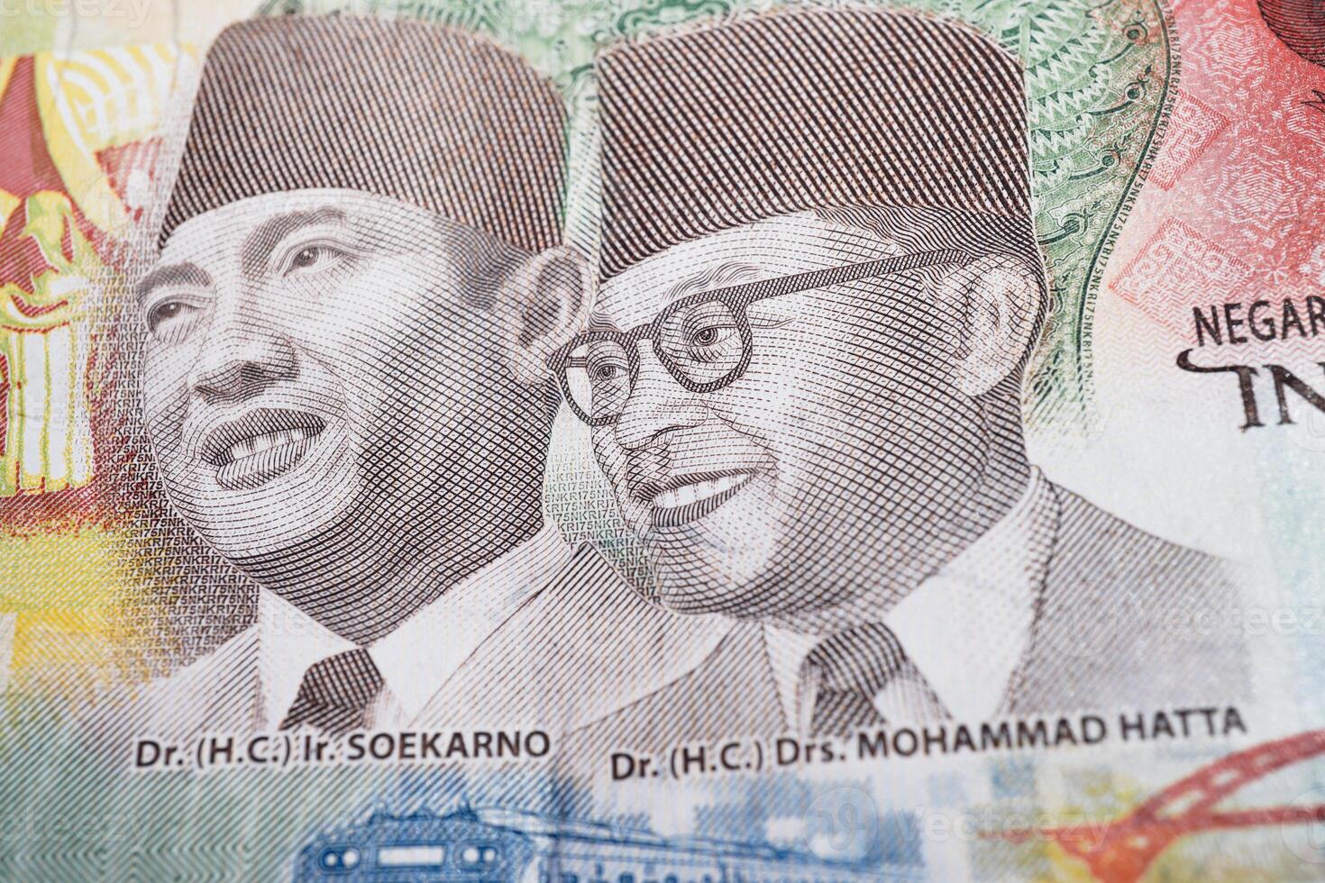 Rupiah closeup. Portrait of Proclaimer Soekarno-Hatta on rupiah banknote. photo