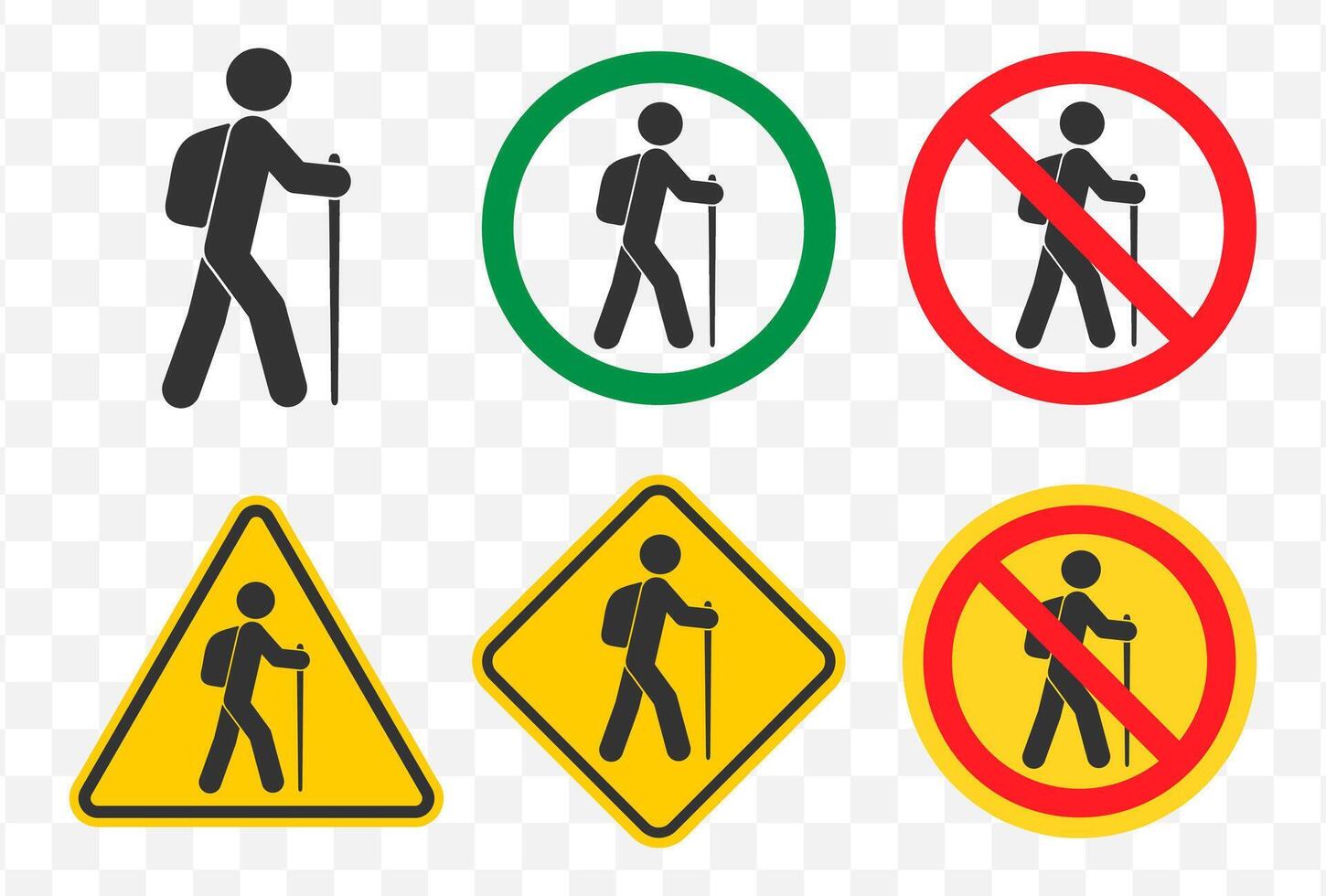 Hiking, path, walking stick icon symbol. Hiker, backpacker logo sign. Journey, illustration image. Prohibited, No, Not allowed, Forbidden. vector