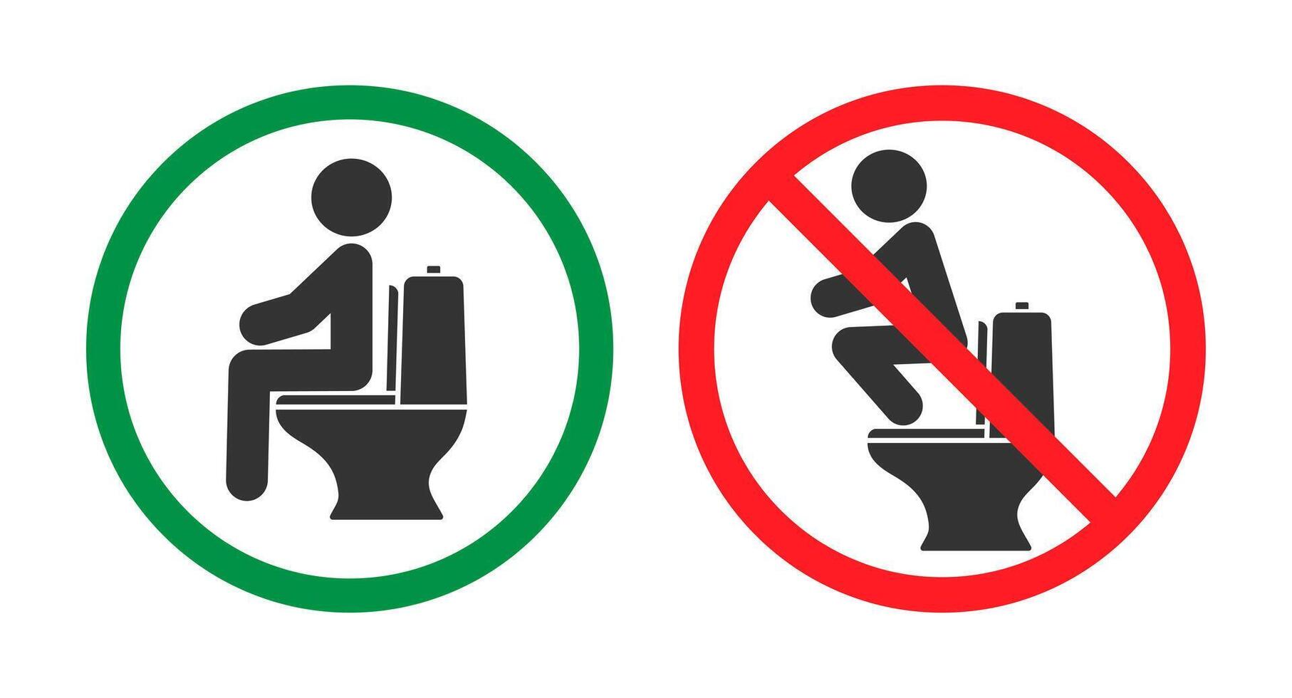 Correct way to use water closet, icon symbol. Do not squat on top on toilet. WC, toilet sign. No, Prohibited, forbidden. illustration image. Isolated on white background. vector
