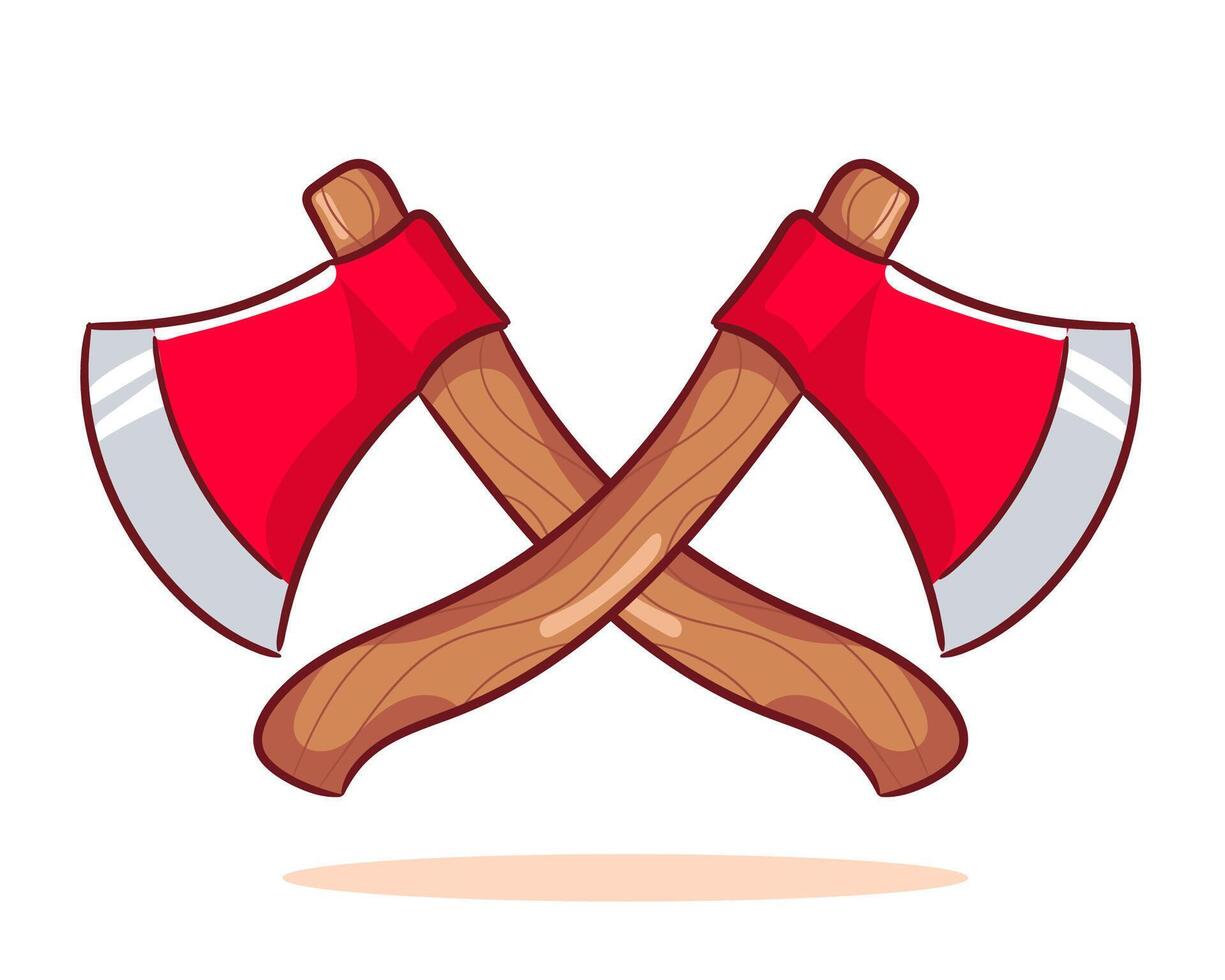 Crossed Axe Cartoon . Wooden Red Axe Icon, logo illustration. Weapon Object Concept Design. Isolated white background. vector