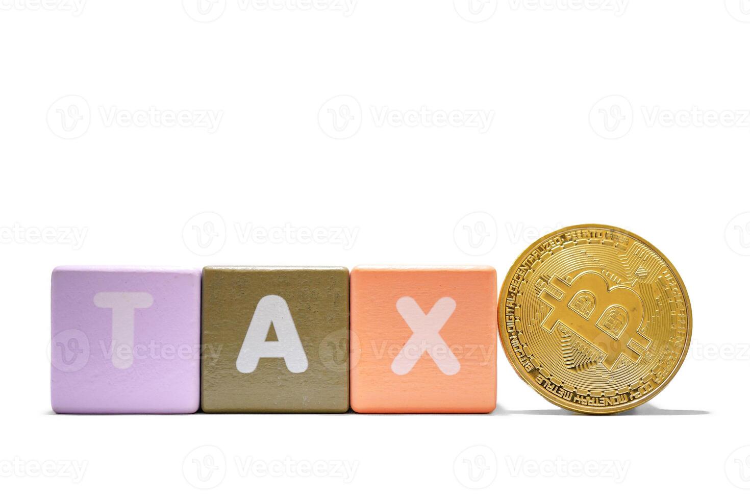 text tax on colorful wooden and coin bitcoin isolated on a white background photo